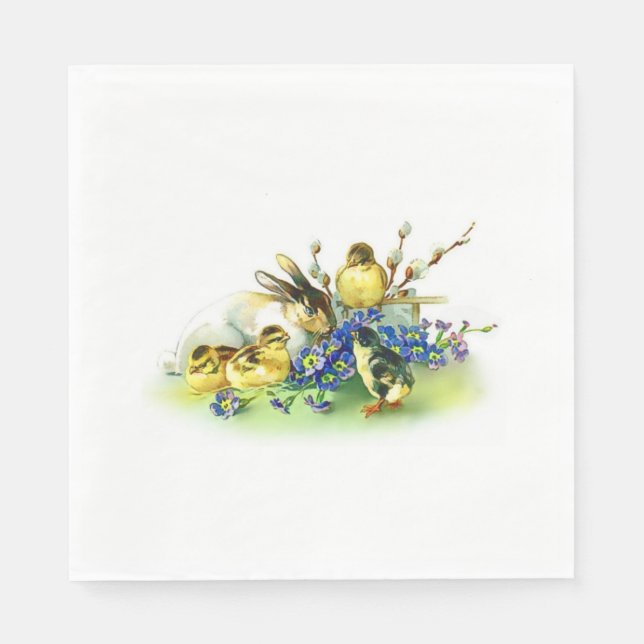 Vintage Style Bunny & Chicks Easter Paper Napkins (Front)