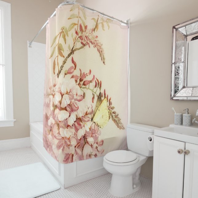 Vintage Style Butterfly Flowers Shower Curtain (In Situ)