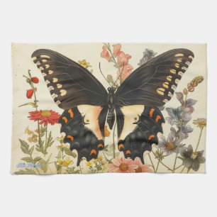 vintage style butterfly wildflowers with bee kitchen towel