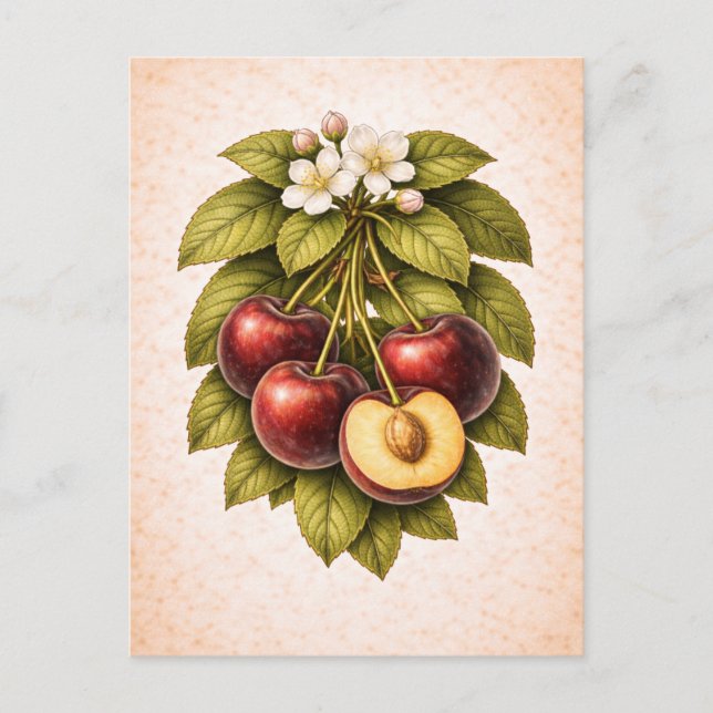 Vintage-Style Cherry Botanical Illustration Postcard (Front)