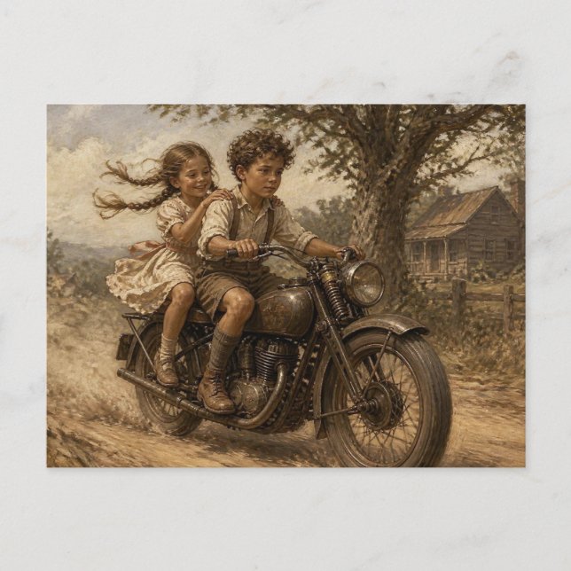 Vintage Style Children Riding Antique Motorcycle Postcard (Front)