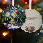 Vintage Style Christmas Floral  Still Life w/Pine Ornament Card<br><div class="desc">Lovely artistic floral composition featuring evergreens,  holly and mixed white flowers in a gold ornamented pitcher in the style of an old master oil painting. Back features complementary floral graphic and editable text on an artisan sepia background.</div>