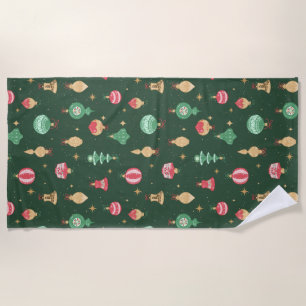Vintage Style Christmas Ornament Pattern - Green Beach Towel