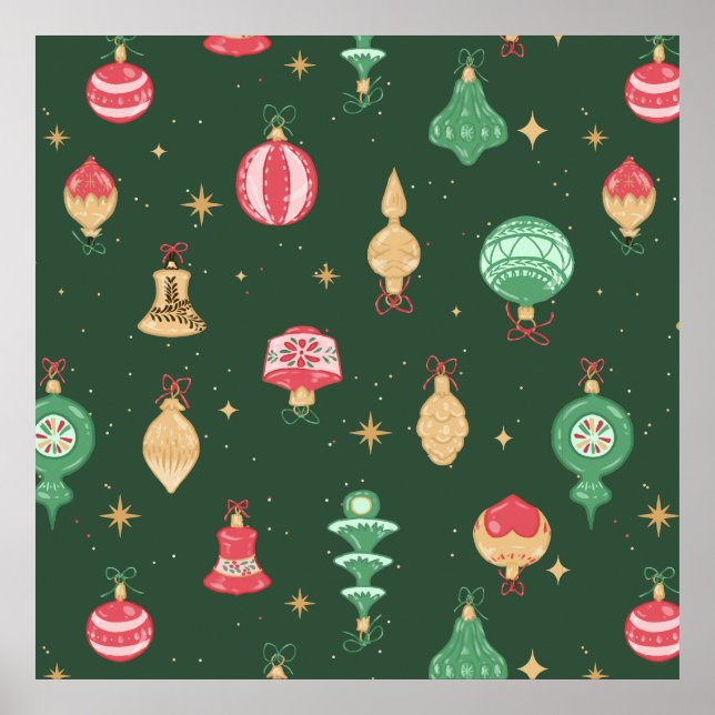 Vintage Style Christmas Ornament Pattern - Green Poster (Front)