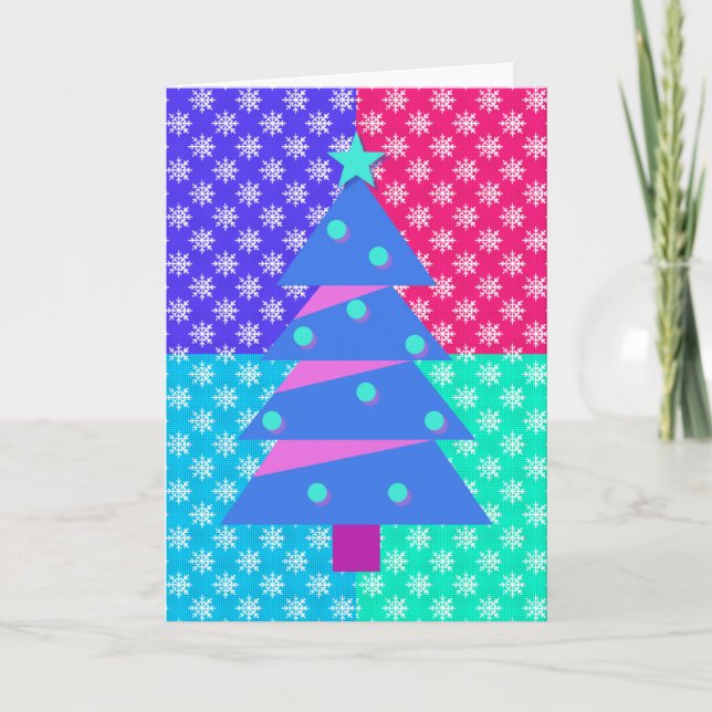 Vintage Style Christmas Tree Art Snowflake Blocks Card (Front)