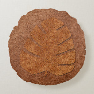 Vintage Style Copper Light Textured Leaf Round Pillow