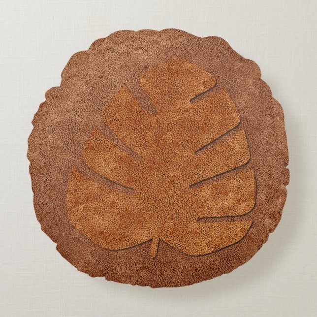 Vintage Style Copper Light Textured Leaf Round Pillow (Front)