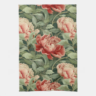 Vintage-Style Coral & Blush Peony Garden Patterned Kitchen Towel