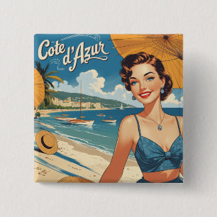 Vintage Style Cote D'Azur Beach Girl 2 Inch Square Button