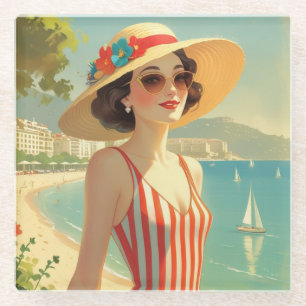 Vintage Style Cote D'Azur Beach Girl Glass Coaster
