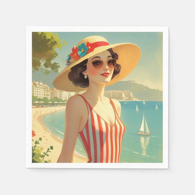 Vintage Style Cote D'Azur Beach Girl Napkin (Front)