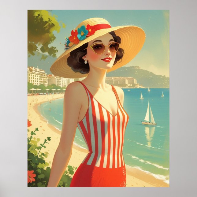 Vintage Style Cote D'Azur Beach Girl Poster (Front)
