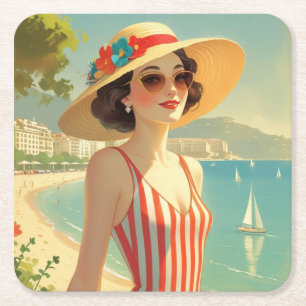 Vintage Style Cote D'Azur Beach Girl Square Paper Coaster