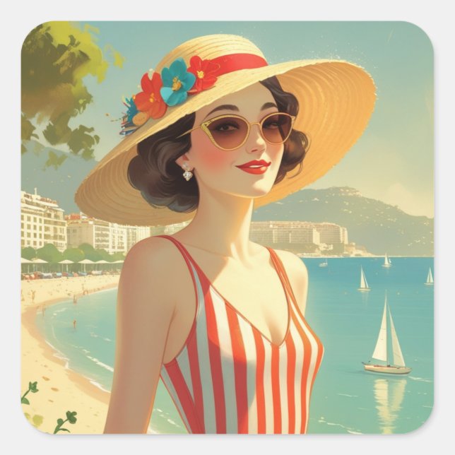Vintage Style Cote D'Azur Beach Girl Square Sticker (Front)