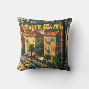 Vintage Style Cote D'Azur French Travel T-Shirt Throw Pillow
