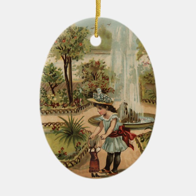 Vintage style country garden scene ceramic ornament (Front)