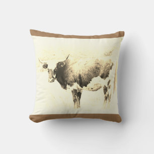 vintage style cow art pillow sepia tones