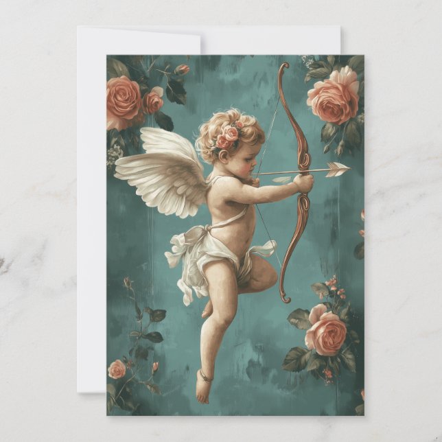 Vintage-style Cupid and Roses Holiday Card (Front)