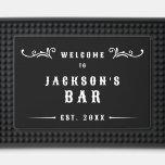 Vintage Style Custom Name & Year Black & White Bar Mat<br><div class="desc">Create a personalized touch for your home bar with this customizable vintage style bar mat featuring your name. The sleek black background and classic white typography evoke a timeless pub aesthetic with ornate flourishes and a customizable establishment date. Perfect for adding a sophisticated and welcoming vibe to any bar setup,...</div>