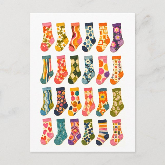 Vintage-Style Cute Sock Collage Postcard (Front)