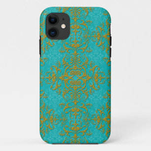 Vintage Style Damask Turquoise Aqua Gold Pattern iPhone 11 Case