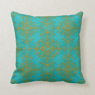 Vintage Style Damask Turquoise Aqua Gold Pattern Throw Pillow