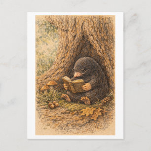 Vintage-Style Drawing of Mole Reading in Tree Postcard