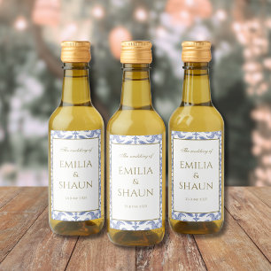 Vintage-style Dusty Blue and White Pattern Wine Label