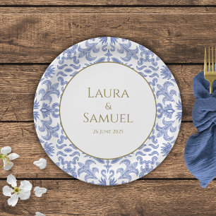 Vintage-style Dusty Blue Patterned Wedding Paper Plate
