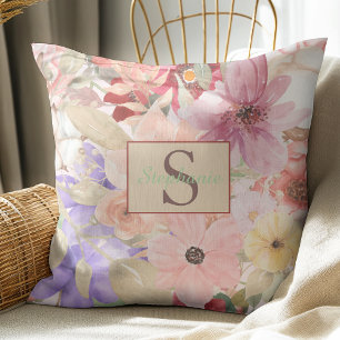 Vintage Style Floral Country Watercolor Monogram Throw Pillow