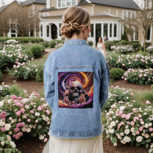 Vintage-Style Floral Skull Denim Jacket