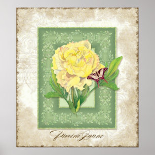 Vintage Style Floral - Yellow Peony with Brocade Poster