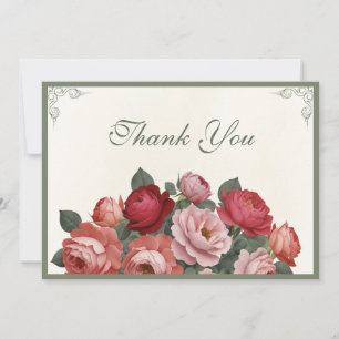 Vintage Style Florals - Pink Red Peach Roses Thank You Card