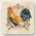 Vintage Style French Country Rustic Barn Rooster Coaster<br><div class="desc">COLOR PALETTE: black, cream, tan, brown, and touches of red. DESIGN COLLECTION: Hand painted watercolor by Audrey Jeanne Roberts, the rooster is golden brown, gold, black and blue, which is layered over a vintage etched swirl printer's ornament decorative frame on a distressed, worn, grunged and crackled finish antiques tan hand...</div>