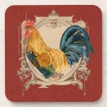 Vintage Style French Country Rustic Barn Rooster Coaster<br><div class="desc">COLOR PALETTE: Dark barn red, black, cream, tan, brown, and touches of red. DESIGN COLLECTION: Hand painted watercolor by Audrey Jeanne Roberts, the rooster is golden brown, gold, black and blue, which is layered over a vintage etched swirl printer's ornament decorative frame on a distressed, worn, grunged and crackled finish...</div>
