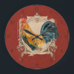 Vintage Style French Country Rustic Barn Rooster Large Clock<br><div class="desc">COLOR PALETTE: Dark barn red, black, cream, tan, brown, and touches of red. DESIGN COLLECTION: Hand painted watercolor by Audrey Jeanne Roberts, the rooster is golden brown, gold, black and blue, which is layered over a vintage etched swirl printer's ornament decorative frame on a distressed, worn, grunged and crackled finish...</div>
