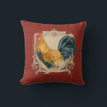 Vintage Style French Country Rustic Barn Rooster Throw Pillow<br><div class="desc">COLOR PALETTE: Dark barn red, black, cream, tan, brown, and touches of red. DESIGN COLLECTION: Hand painted watercolor by Audrey Jeanne Roberts, the rooster is golden brown, gold, black and blue, which is layered over a vintage etched swirl printer's ornament decorative frame on a distressed, worn, grunged and crackled finish...</div>