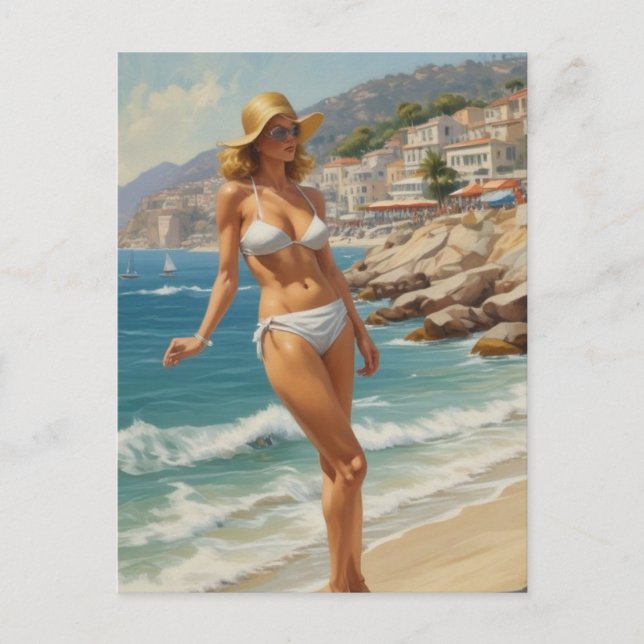 Vintage Style French Riviera Travel Beach Girl Postcard (Front)