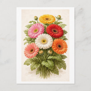 Vintage-Style Gerber Daisy Bouquet Drawing Postcard