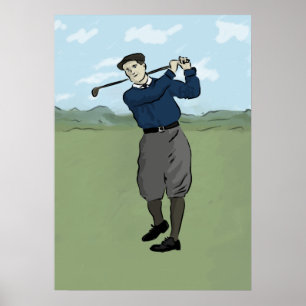 Vintage style golfer swinging his club poster