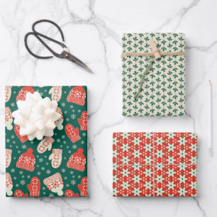 Vintage style green Christmas hats & mittens  Wrapping Paper Sheet