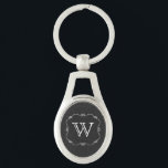 Vintage Style Grey and White Monogram Key Chain<br><div class="desc">Chic vintage style key chain with chalkboard grey background and a vintage looking white scrolled framed area,  in the middle.  Personalize the white one letter monogram,  for yourself or as a great gift idea.</div>