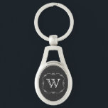 Vintage Style Grey and White Monogram Key Chain<br><div class="desc">Chic vintage style key chain with chalkboard grey background and a vintage looking white scrolled framed area,  in the middle.  Personalize the white one letter monogram,  for yourself or as a great gift idea.</div>