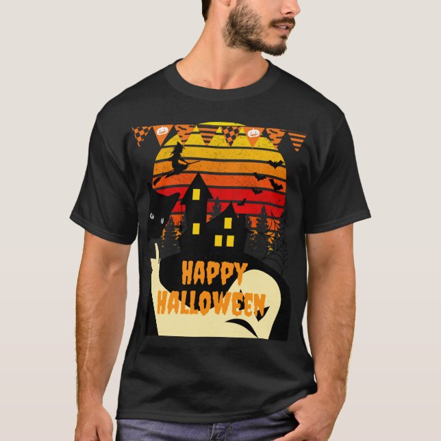 Vintage Style Haunted House – Happy Halloween Tee  (Front)