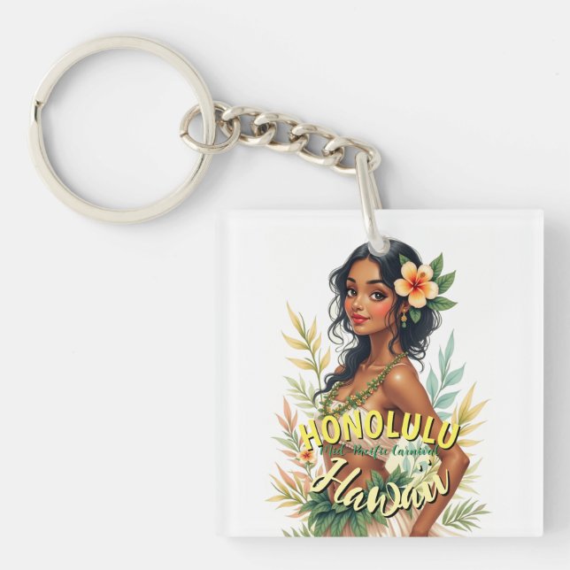 Vintage Style Hawaii Travel Honolulu Hula Girl Keychain (Front)