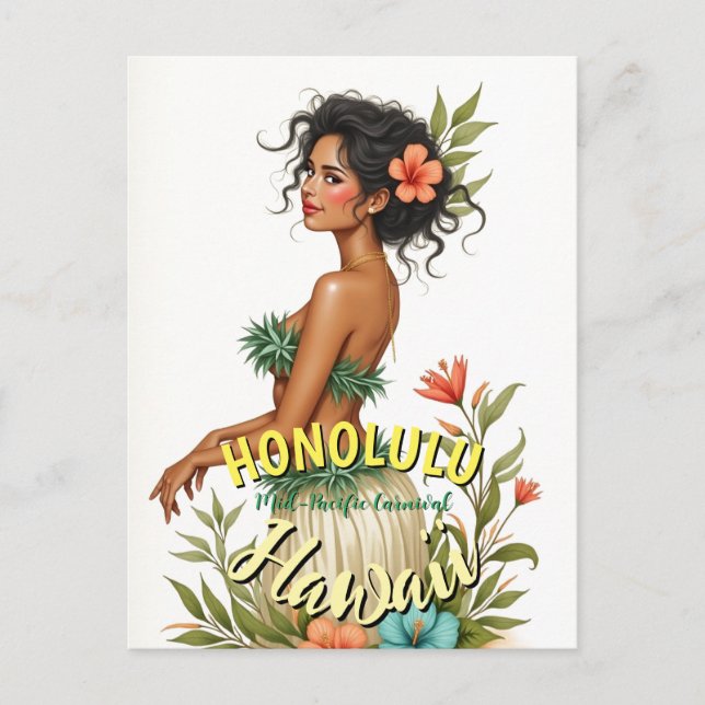 Vintage Style Hawaii Travel Honolulu Hula Girl Postcard (Front)