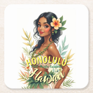 Vintage Style Hawaii Travel Honolulu Hula Girl Square Paper Coaster