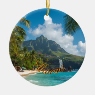 Vintage Style Hawaiian Blue Sea Palms Sky Travel Ceramic Ornament