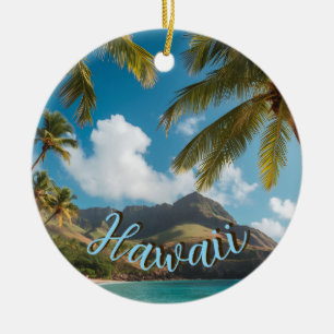 Vintage Style Hawaiian Blue Sea Palms Sky Travel Ceramic Ornament
