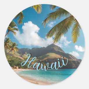 Vintage Style Hawaiian Blue Sea Palms Sky Travel Classic Round Sticker